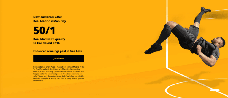 Betfair Sign Up offer – Get 50/1 On Real Madrid To Qualify For Round Of 16 vs Man City